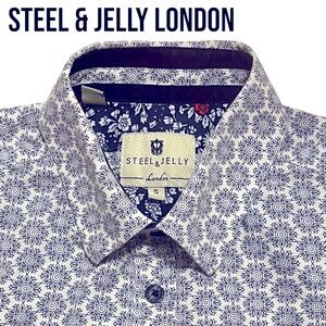 Steel & Jelly London SHORT SLEEVE FLORAL BUTTON DOWN SHIRT Small BLUE WHITE EUC